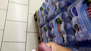 Helping this guy get a cumshot in the supermarket? So risky and public.