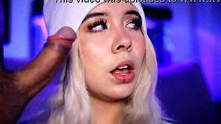 cute blonde babe performs close-up blowjob adorably
