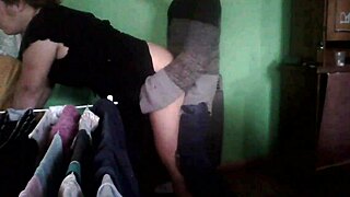 Amateur Latina couple gets steamy in kitchen near heater. They grind hard by the counter