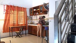 Naked Maid In Pantyhose Gets Orgasm While Cooking!