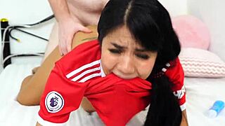 Damn, Asian football fan beauty gets a raw creampie!