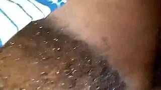 Sweet ebony girlfriend next door spreading hairy pussy on bed for me. can't resist her big ass curves!