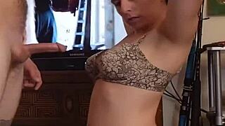 Teen 18+ girlfriend sucks big cock in panties for rent payment, cumshot on tits