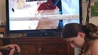 Teen 18+ girlfriend sucks big cock in panties for rent payment, cumshot on tits