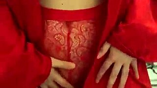 Petite Brunette in Red Lingerie Teases Her Big Ass. She Plays with Herself in Reality.
