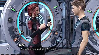 stranded in space, holding hands with an asian scientist milf in cute outfit