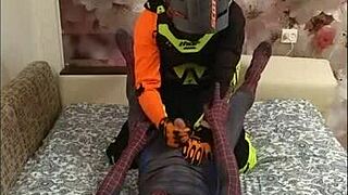 Spiderman feels intense passion with the biker in spandex.