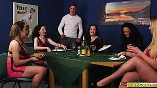 Naughty femdom chicks enjoy sucking dick in wild group.