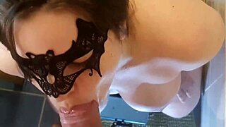 busty wife enjoys thick cock deep in throat in bathroom