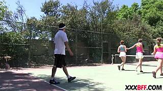 Teen sluts at summer camp playing tennis before lesbian sex with monster cocks in POV hardcore scenes with friends.