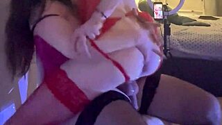 Hey, watch my wife with big tits cheat by banging a chick in stockings!