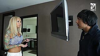 Man, this Mexican babe with big tits nails the cable guy!