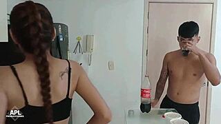 Skinny teen latina sucking cock in kitchen with natural tits