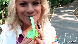 Young german teen persuaded for pov blowjob and facial on playground for cash