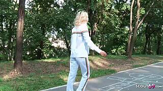 Young german teen persuaded for pov blowjob and facial on playground for cash