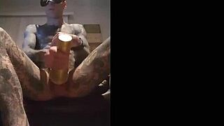 Fleshlight action with hot tattooed guy jacking off solo for epic finish.
