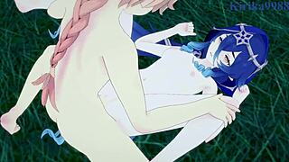 faruzan, layla, and aether have intense sex in genshin impact hentai.