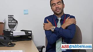 blindfolded gay man grabs ass in office threesome