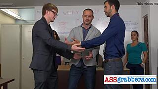 blindfolded gay man grabs ass in office threesome