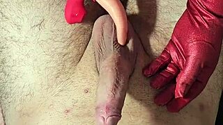 Hand job with vibrating stick for deep massage and huge cum