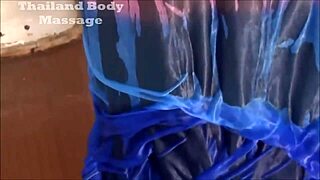 servant assists women in steamy bath with transparent blouse
