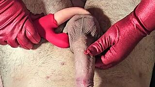 Hand job with vibrating stick for deep massage and huge cum