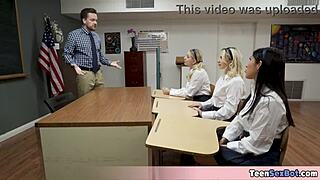 Three Petite Pupils Tempt Lucky Teacher with Their Tight Pussies