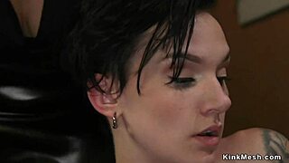 Lesbians flog and dominate brunette in kinky threesome