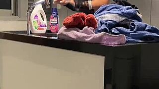 I put the cleaning lady to suck my dick kneeling in the laundry room and she obeyed