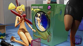 I watch two busty lesbians using a double dildo in the public store.