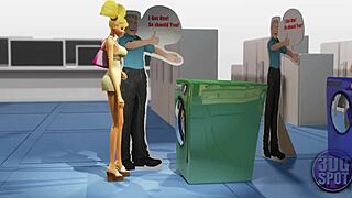 I watch two busty lesbians using a double dildo in the public store.