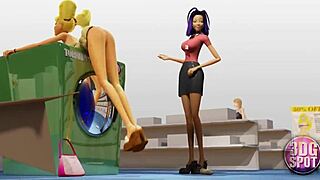 I watch two busty lesbians using a double dildo in the public store.