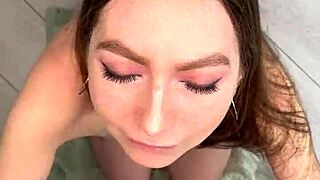 powerful cumshot lands on russian teen's small tits