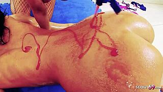 Three big tits lesbians in food fetish licking and dildo play