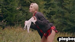 petite blonde milf zhenya belaya undresses in lingerie outdoors