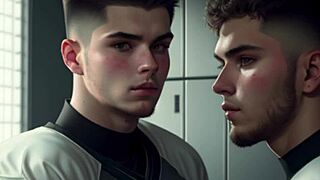 Football players sneak a suck and jerk off after the game.