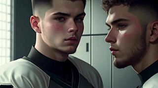 Football players sneak a suck and jerk off after the game.