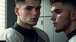 Football players sneak a suck and jerk off after the game.