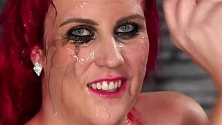 Flirty beauty gets cum shot on her face eating all the jizm in blowbang