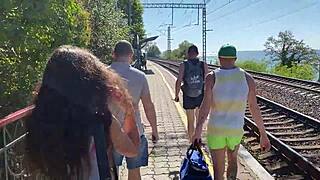 four guys found a teen 18+ girl on the beach and fed her dicks