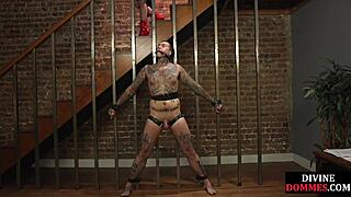 hey, this strict blonde milf is whipping her sub after some intense strapon play.