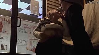 Risky wife sucks huge cock in bar and flashes downtown
