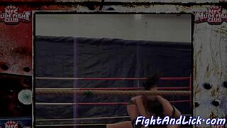 european babes wrestling in a boxing ring, diving into shaved pussy