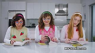 Book club foursome with nerdy girlfriends, sharing cocks and blowjobs.