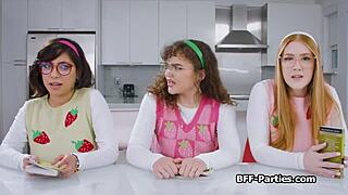 Book club foursome with nerdy girlfriends, sharing cocks and blowjobs.