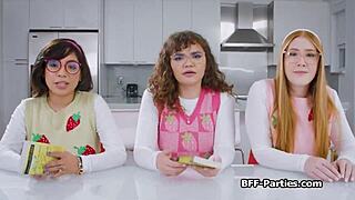 Book club foursome with nerdy girlfriends, sharing cocks and blowjobs.