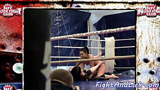 european babes wrestling in a boxing ring, diving into shaved pussy