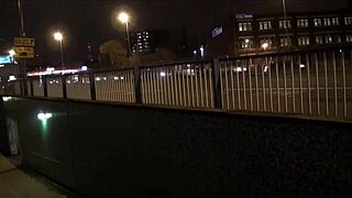 Blonde British Babe Flashing Tits Downtown at Night