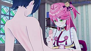 Sakura Miko and Akai Haato intense sex in Hololive VTuber hentai.