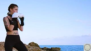 Boxer bound and spanked before rimming her dom by the Balearic Sea. A warrior-themed domination session begins with raw intensity